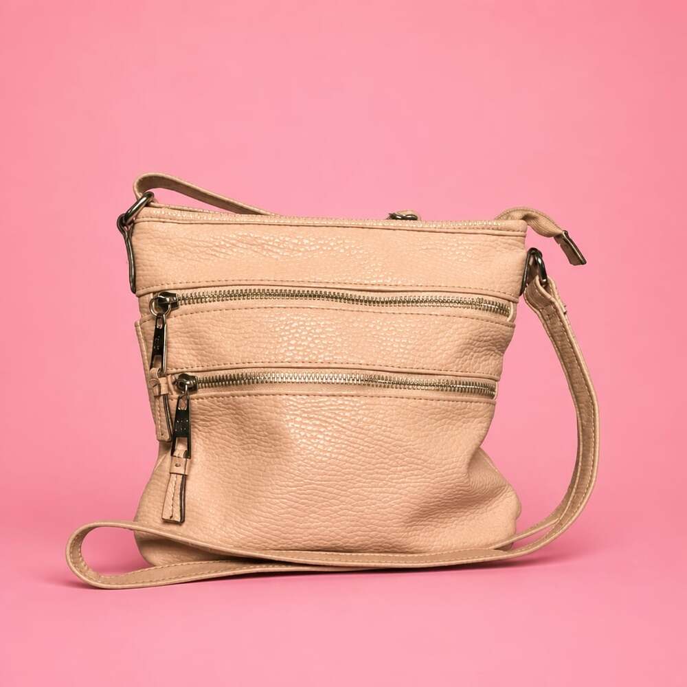 Solene Light Pink Pebbled Faux Leather Multi-Zipper Crossbody Bag Purse - Picture 2 of 8